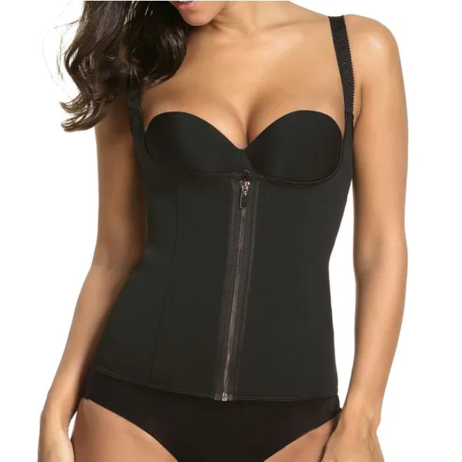 Black waist trainer corset with long front zipper and hook-and-eye waist panel