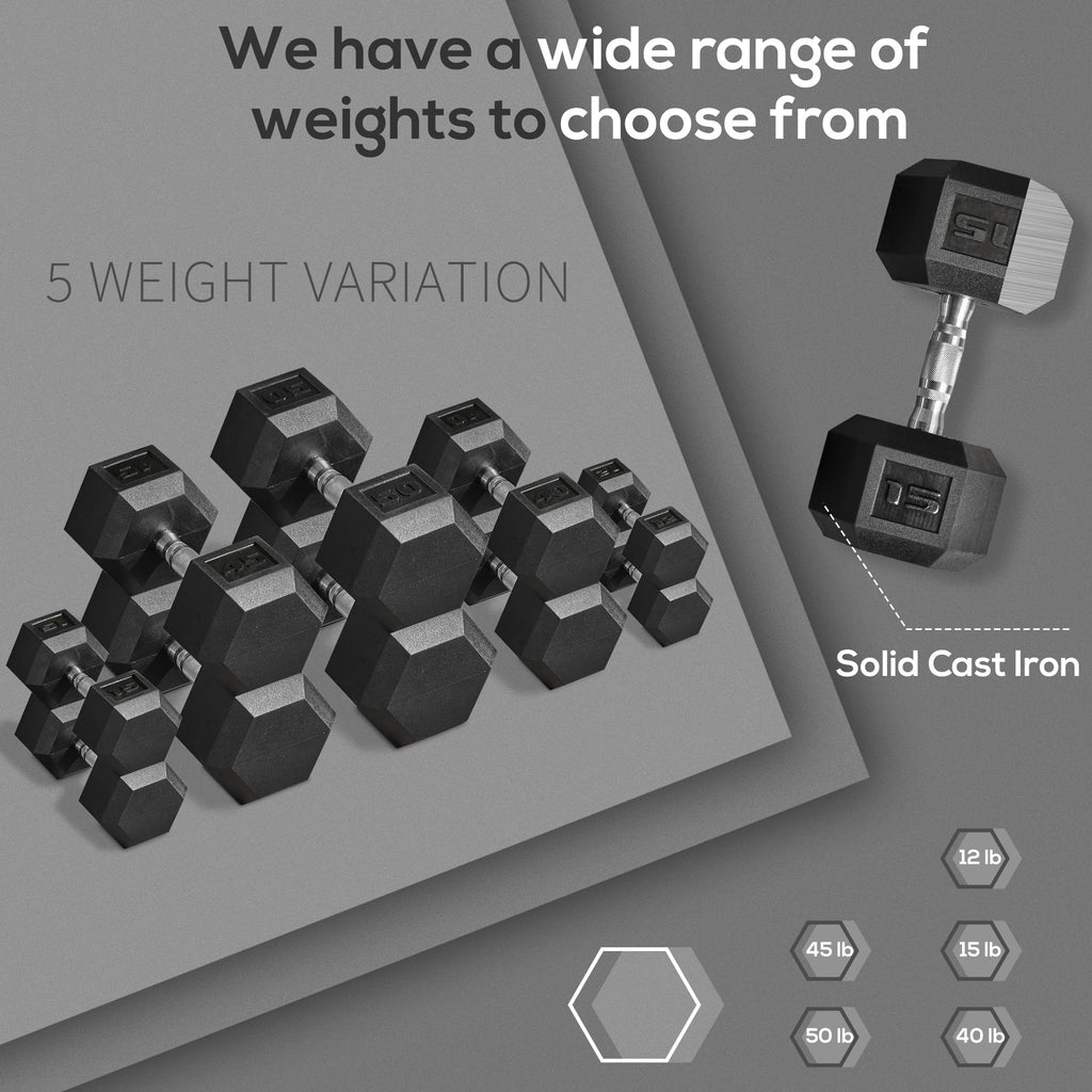 Black hex rubber dumbbell set with multiple weight options, including labeled pairs
