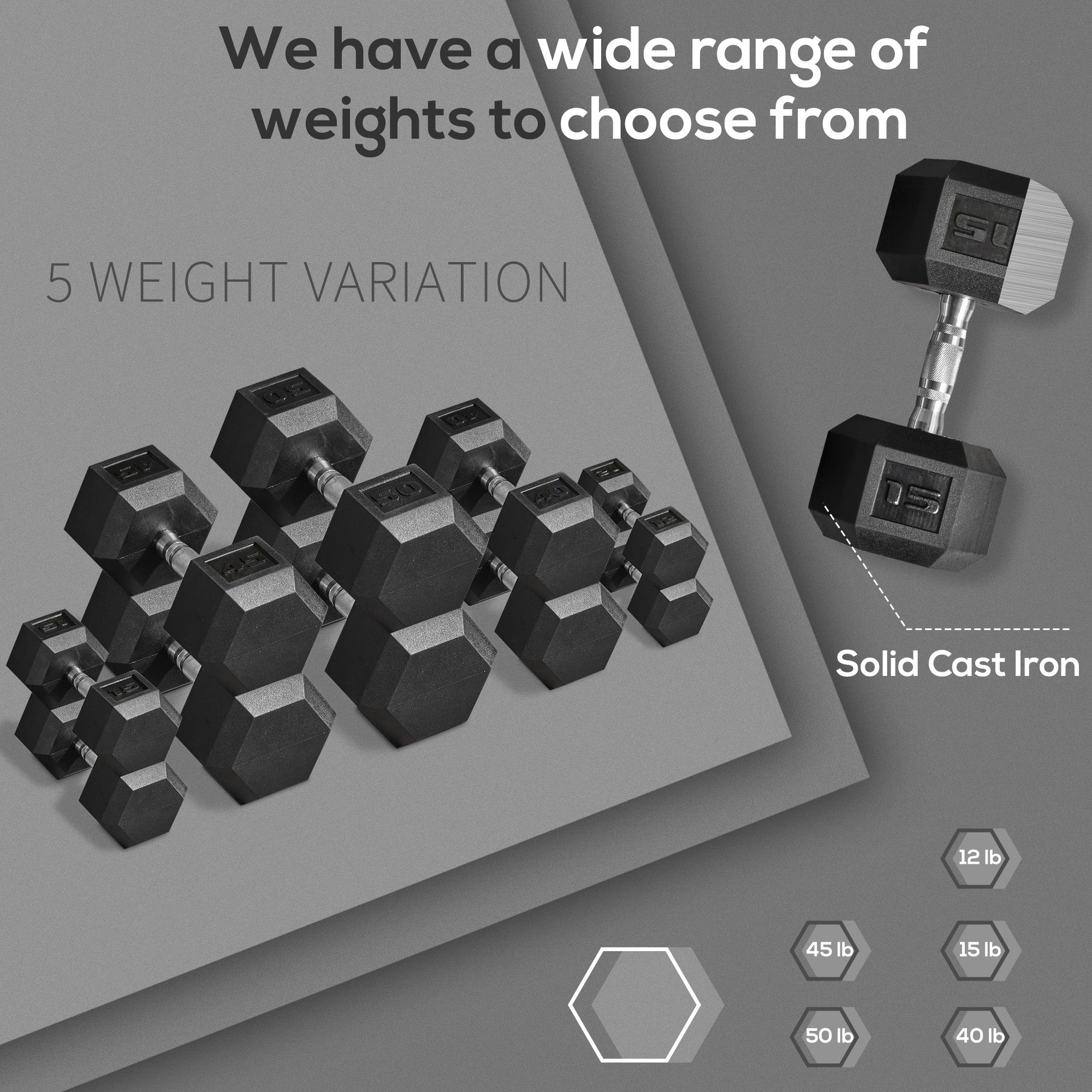 Black hex rubber dumbbell set with multiple weight options, including labeled pairs