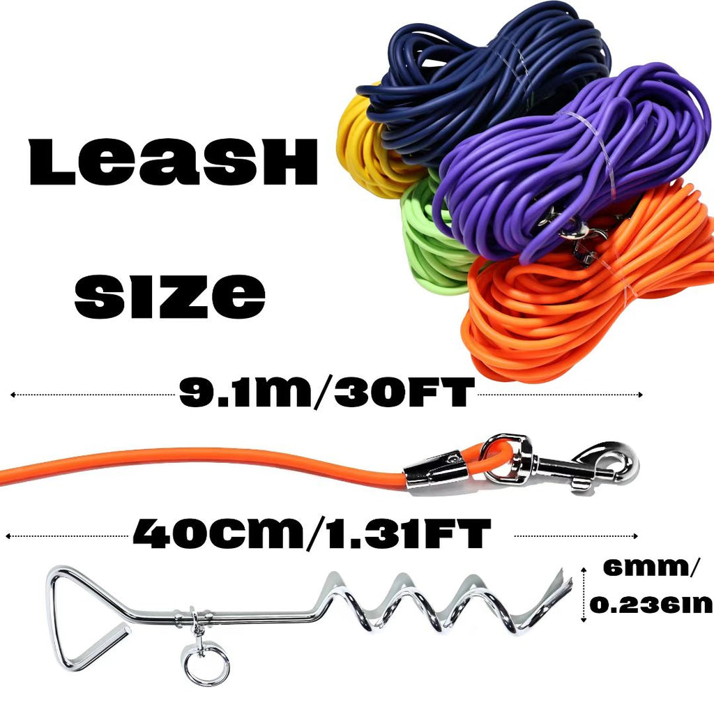 Coiled tie-out leash in multiple colors with 9.1m length graphic and metal stake