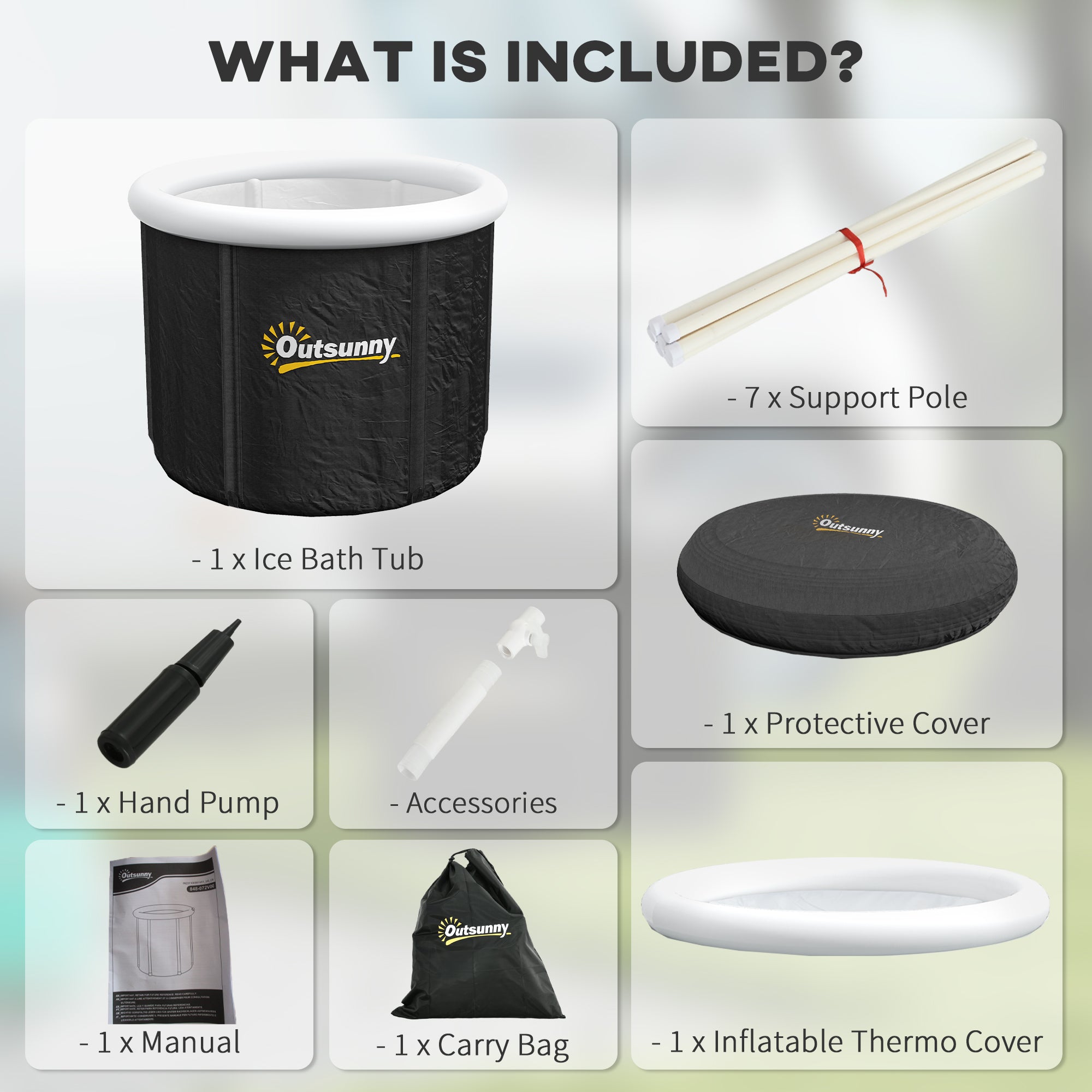 Cold plunge tub kit: black ice bath tub, inflatable thermo cover, protective cover, support poles