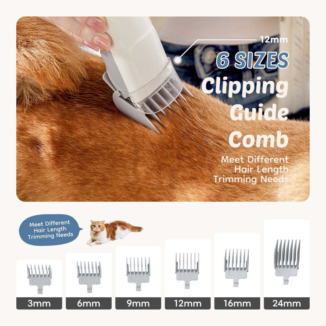 Clipping guide comb set with six guard sizes and handheld grooming clipper