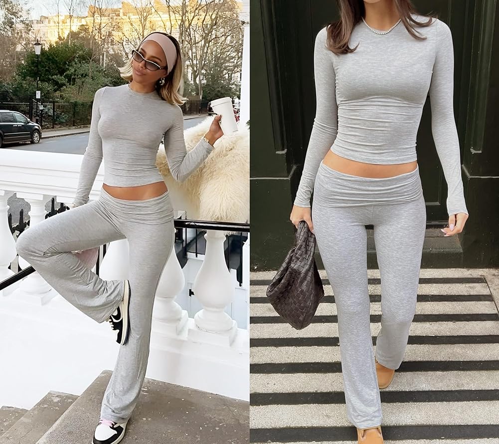 Heather gray long-sleeve crop top with gathered waist and flared pants set