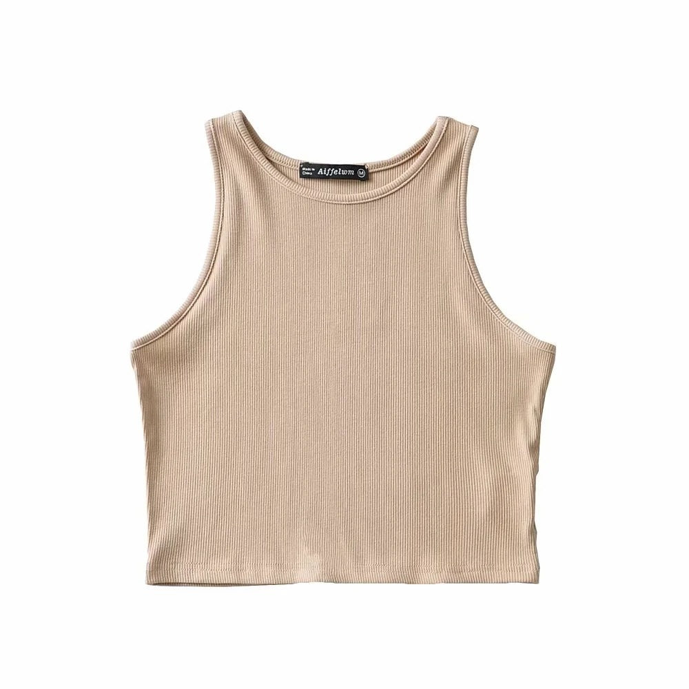 Women’s khaki solid fitness tank top, ribbed sleeveless knit