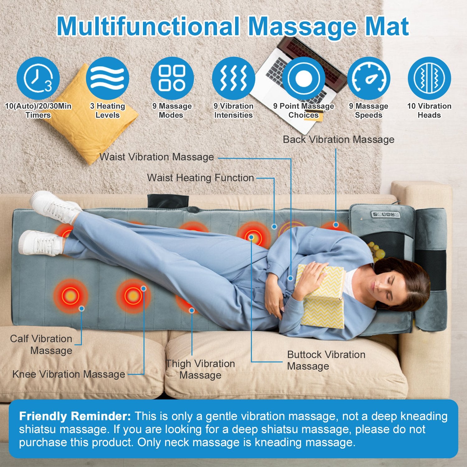 Person using gray massage mat for back, waist, thighs, calves, and buttock vibration