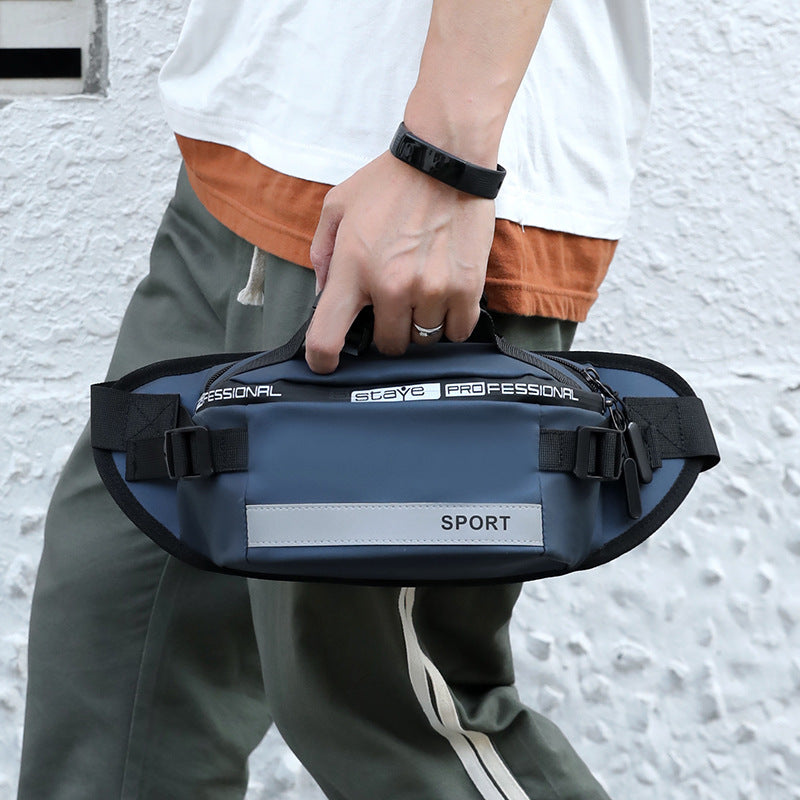 Blue-gray waist bag front view with SPORT label and top strap buckles