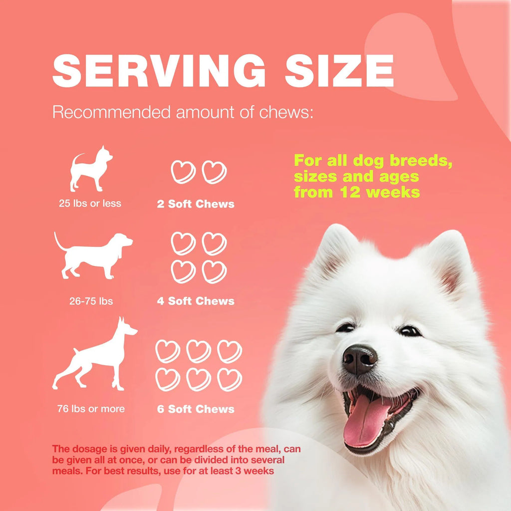 Serving size chart for flea & tick soft chews with dog weight recommendations