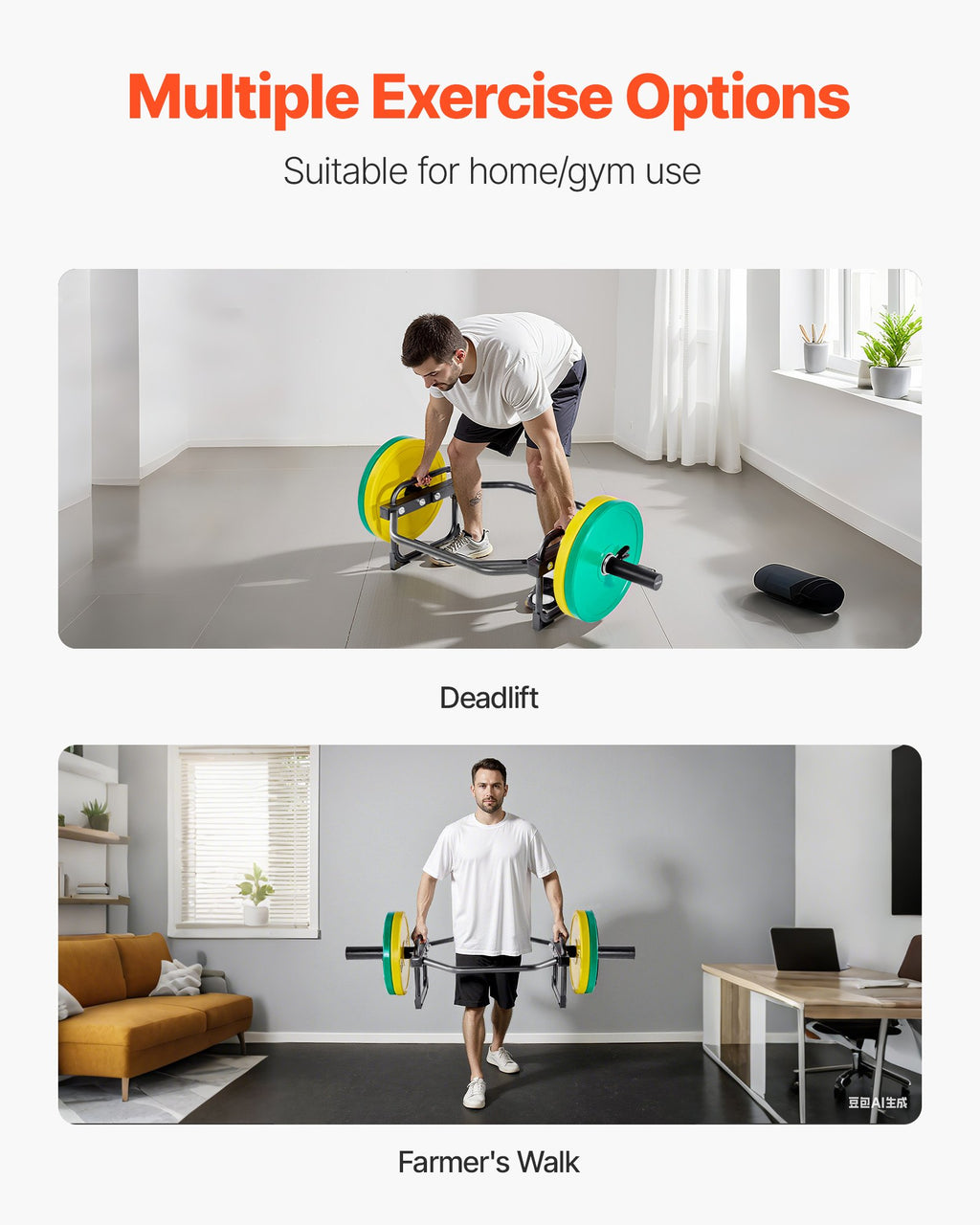 Hex trap bar with weight plates, shown from side during lifting setup