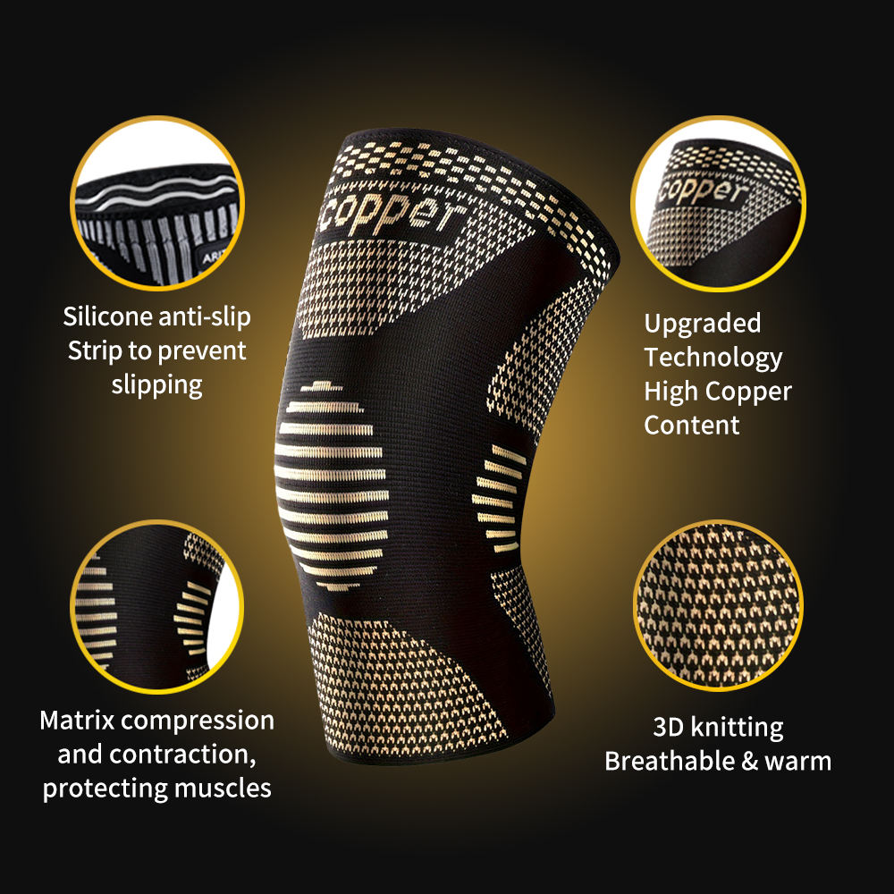 Copper knee compression sleeve, black knit with gold diagonal panels and COPPER print