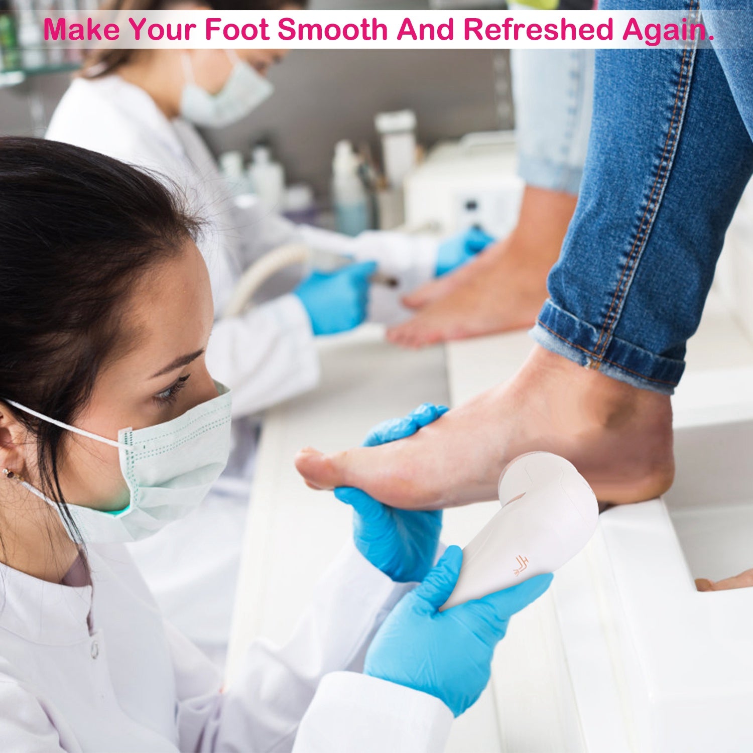 White electric foot file being used on a person’s foot with blue gloves