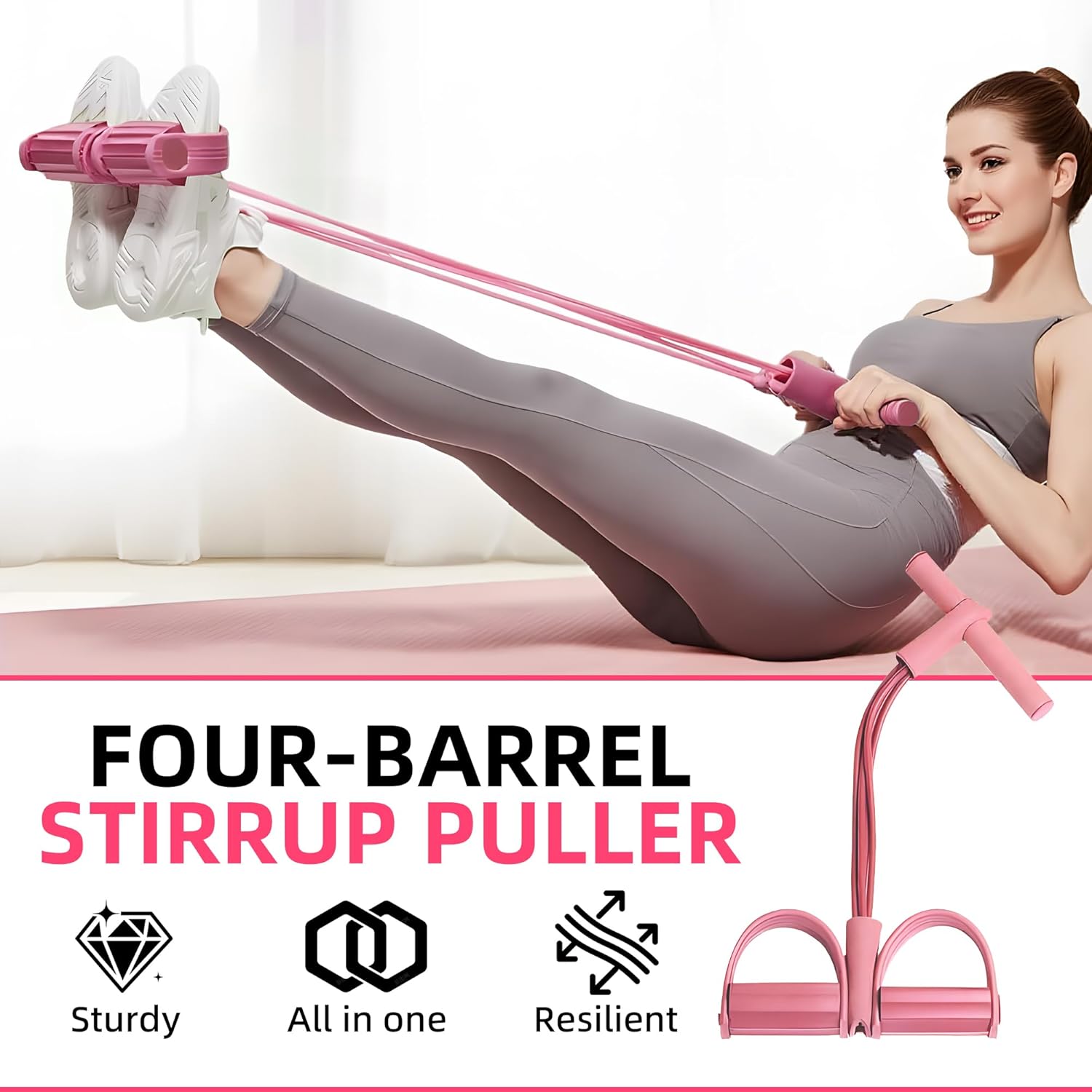 Pink pedal resistance band for leg extension, with handles and ankle/foot strap grips