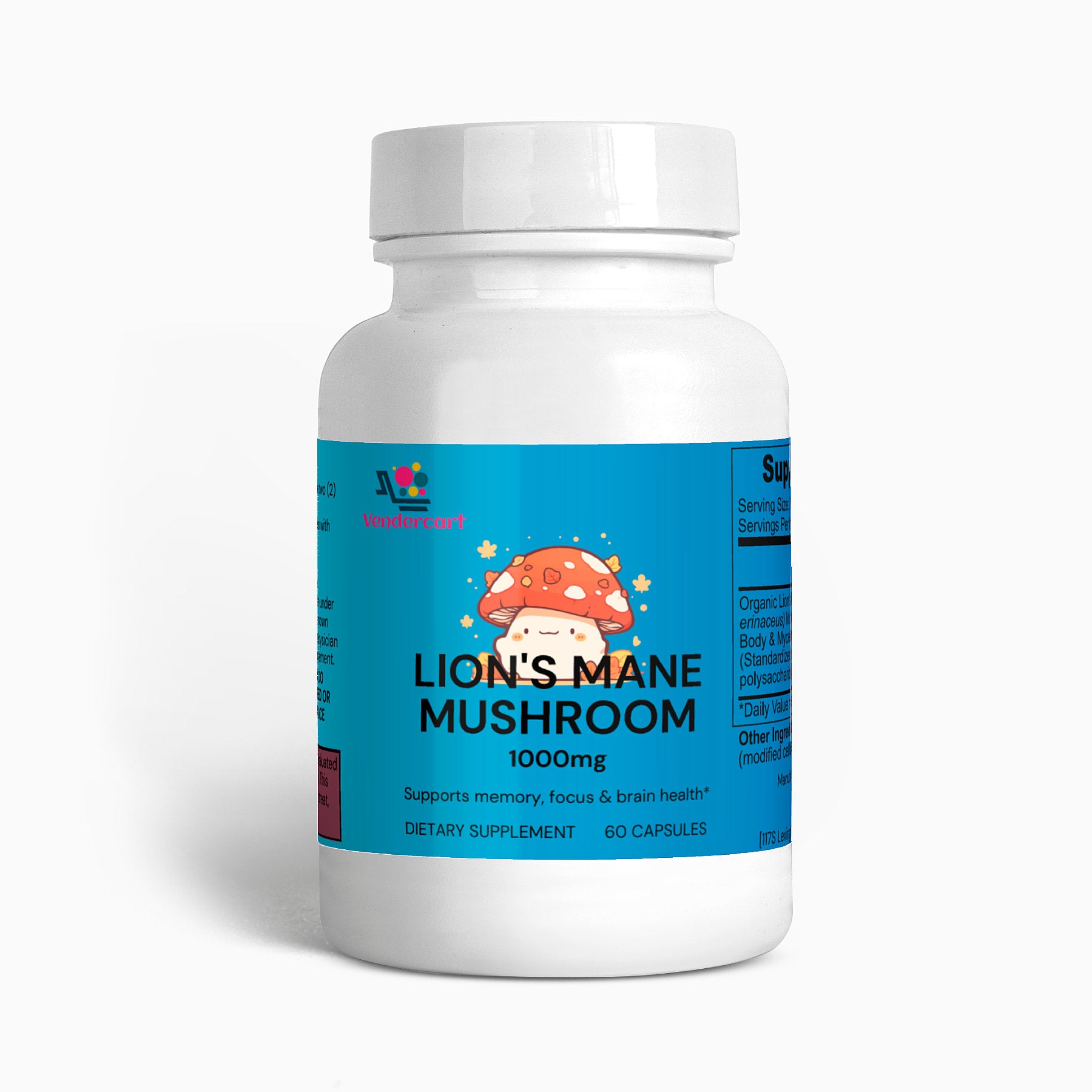 Lion's Mane Mushroom supplement bottle upright with label and “60 capsules” on front.