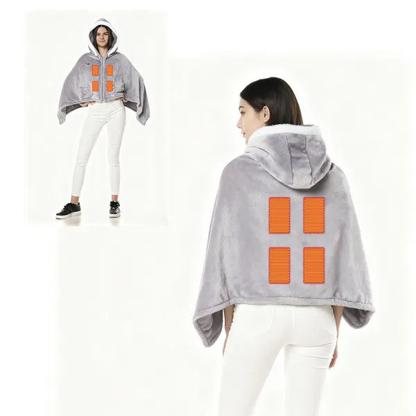 Grey hooded heated throw blanket back view with orange heating panels over white pants