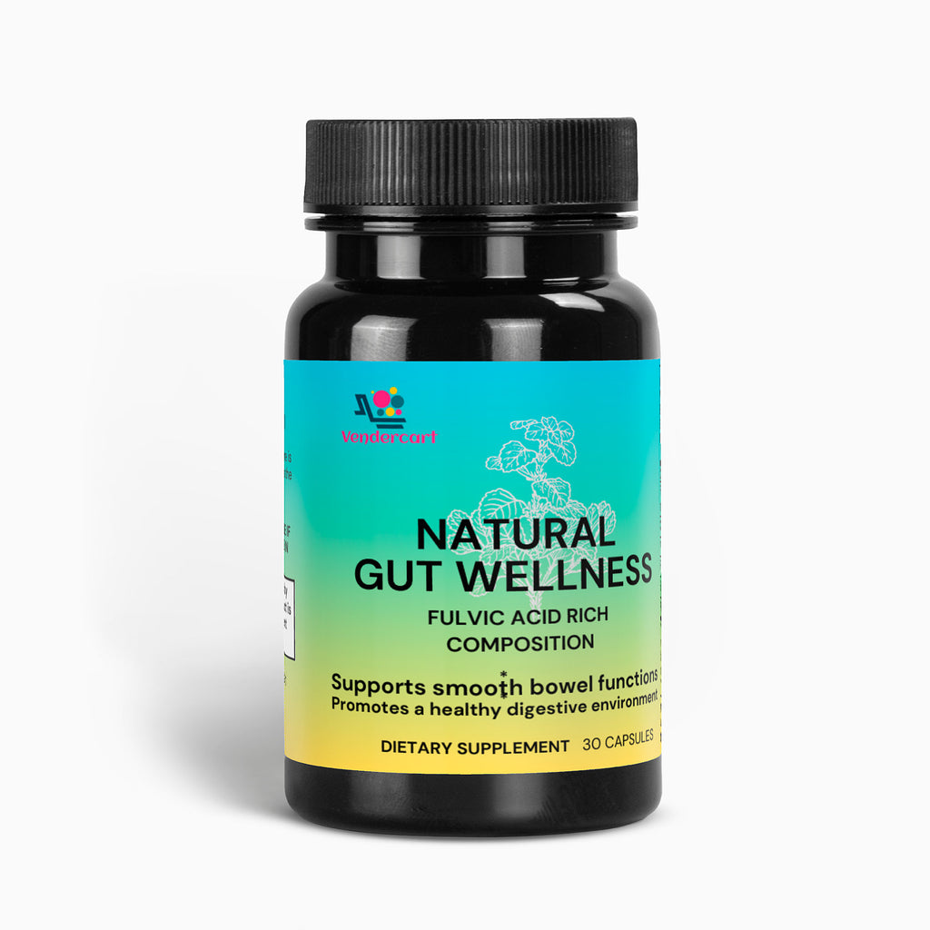 Black dietary supplement bottle with black cap and teal label reading Natural Gut Wellness