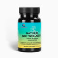 Black dietary supplement bottle with black cap and teal label reading Natural Gut Wellness