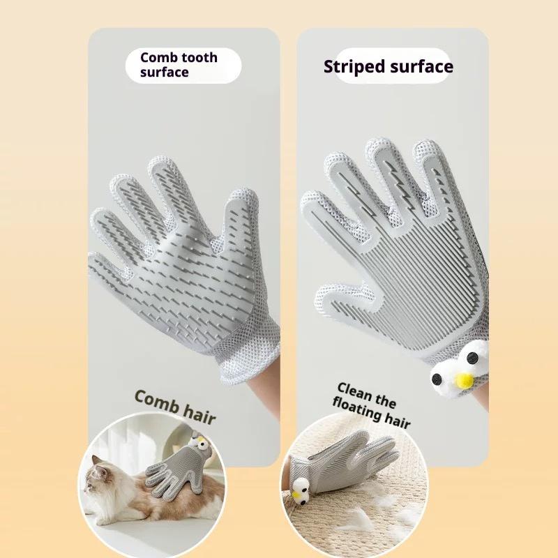 Gray pet grooming glove with striped silicone bristles for floating hair removal