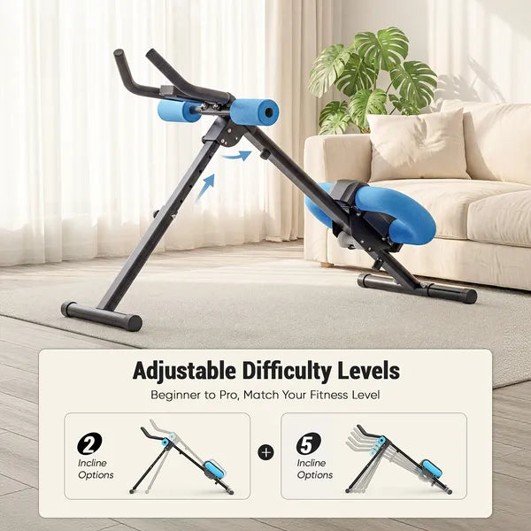 Adjustable ab machine with blue knee protection pads and upright support frame