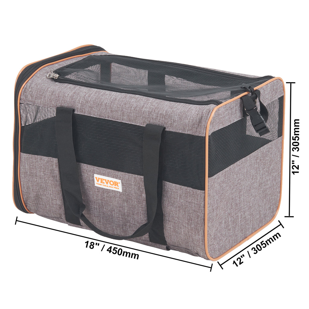 Gray rolling pet carrier with front zip door, mesh panel, four wheels, orange trim