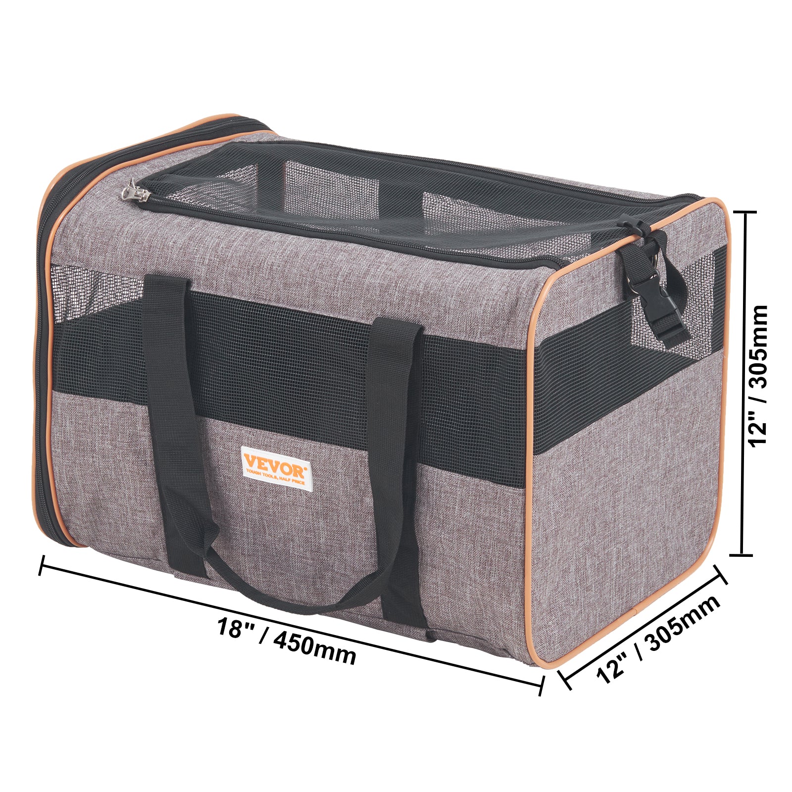 Gray rolling pet carrier with front zip door, mesh panel, four wheels, orange trim