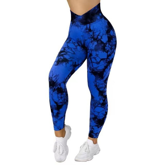 High-waist tie-dye seamless leggings in royal blue with black abstract print