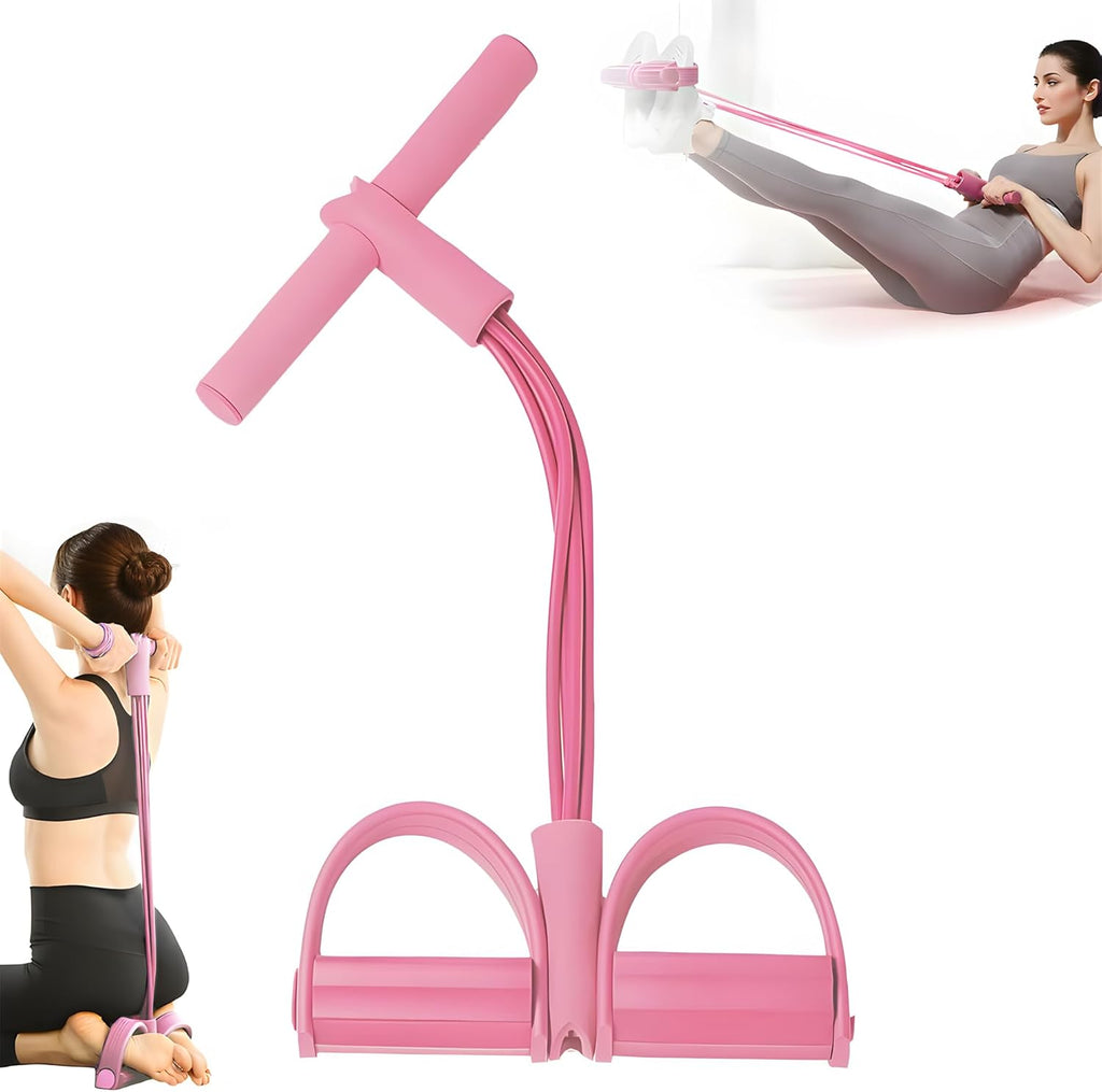 Pink pedal resistance band with padded footrests, used for leg stretching and pulling