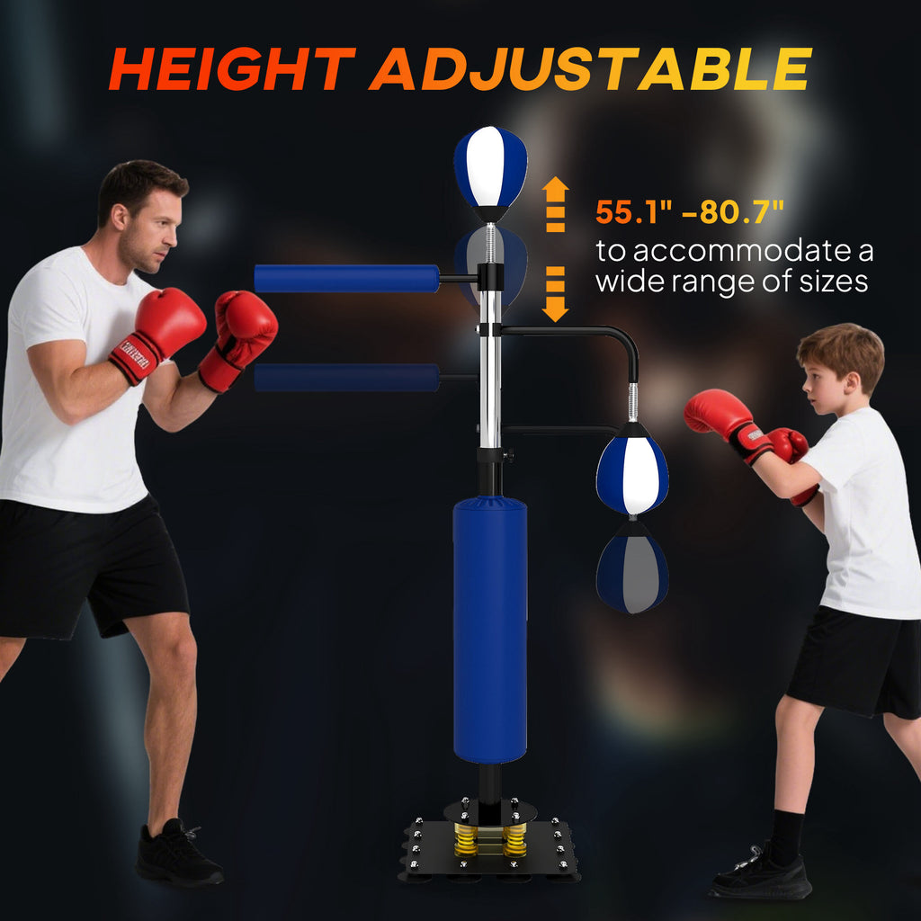 Height-adjustable boxing stand with blue reflex bag and black base, 55–80 in