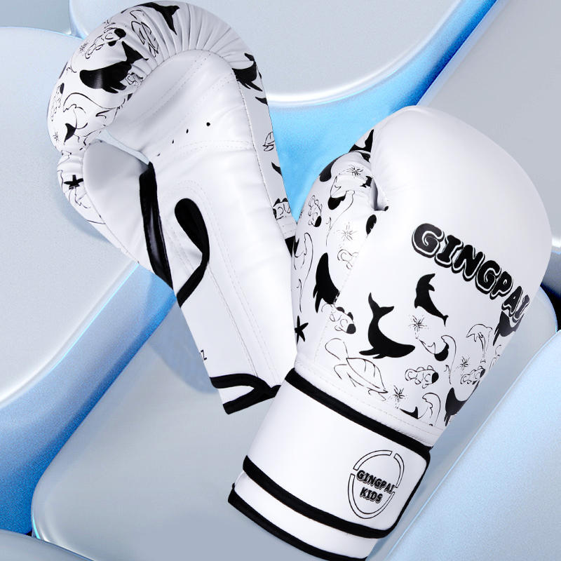 Boxing training gloves in white with black panda graphic and contrast wrist trim