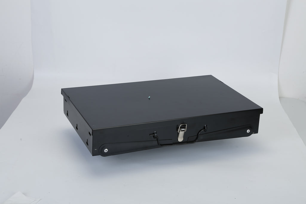 Black foldable BBQ grill base with handle latch, compact rectangular shape
