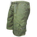 Men’s loose workout shorts in olive green with drawstring waist and cargo pocket