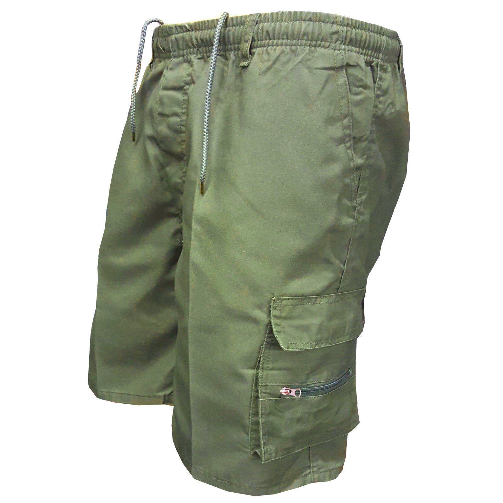 Men’s loose workout shorts in olive green with drawstring waist and cargo pocket