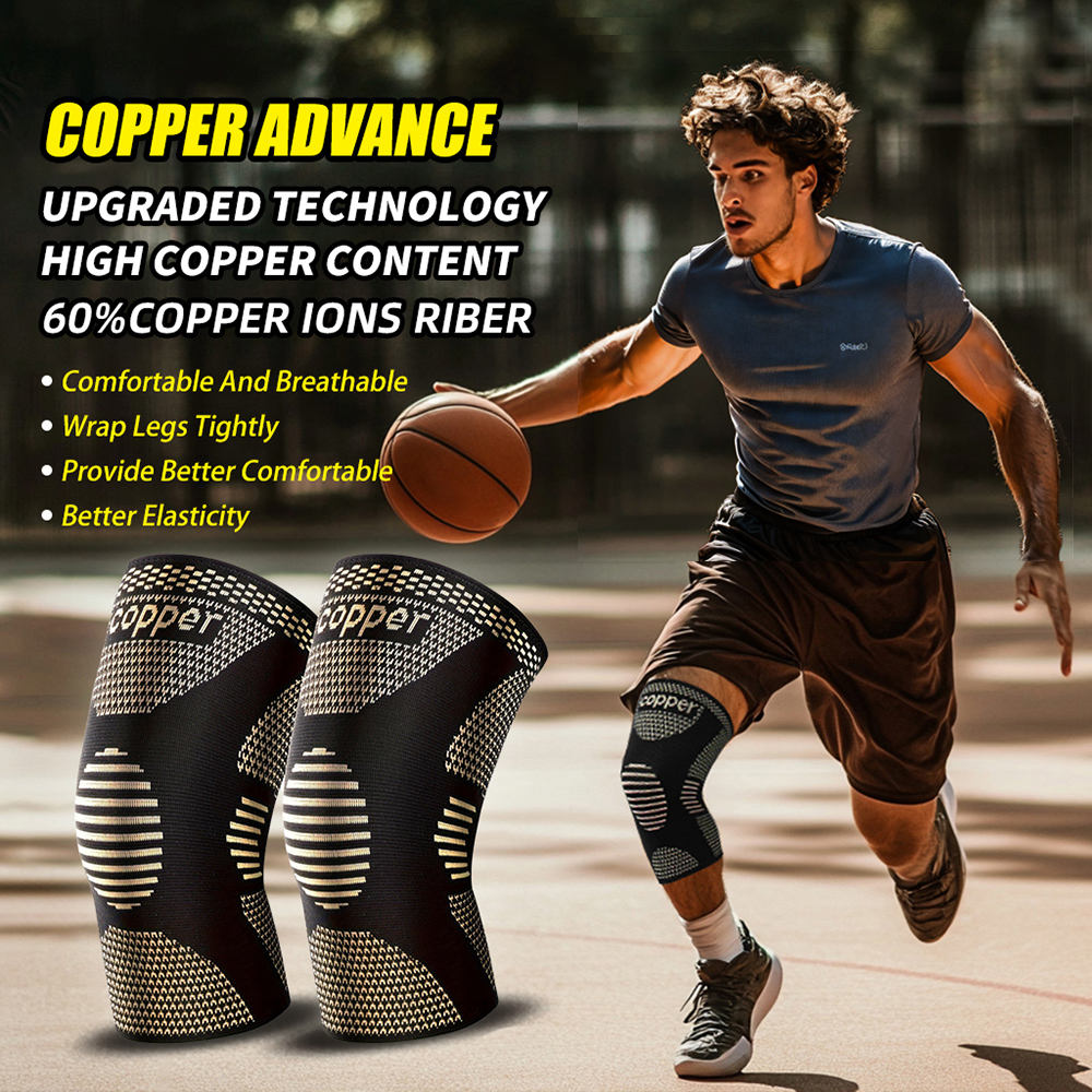 Knee compression sleeves, black with gold stripe knit and COPPER lettering, pair