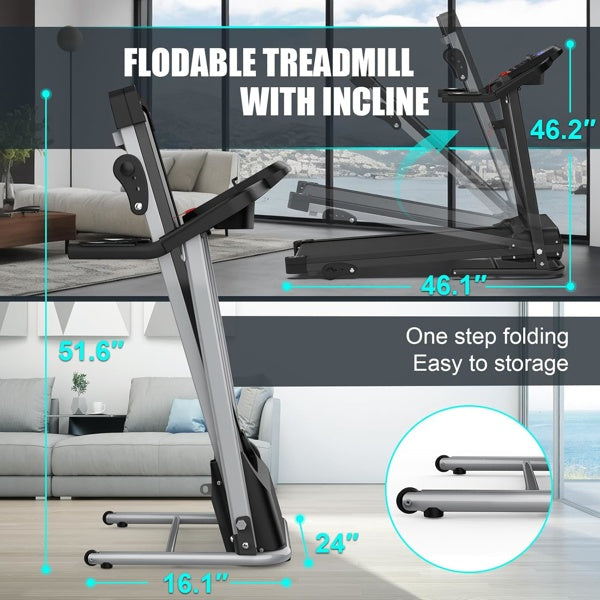 Foldable treadmill with incline hinges and side support, shown unfolded with console
