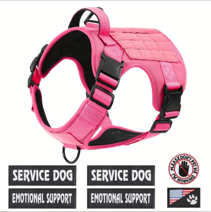 Pink tactical service dog harness vest with front D-ring, adjustable straps, and buckles