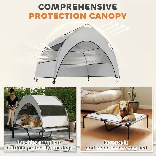 Grey elevated dog bed with full canopy, showing indoor and outdoor use
