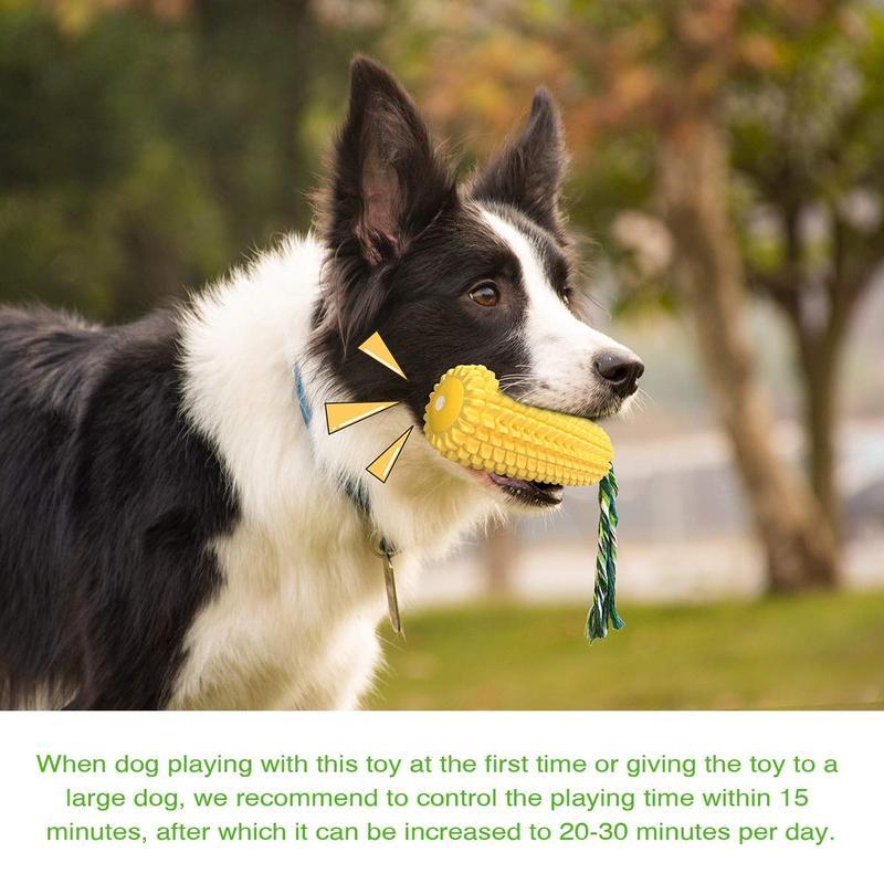 Yellow ridged corn chew toy with green cotton rope tail in dog’s mouth