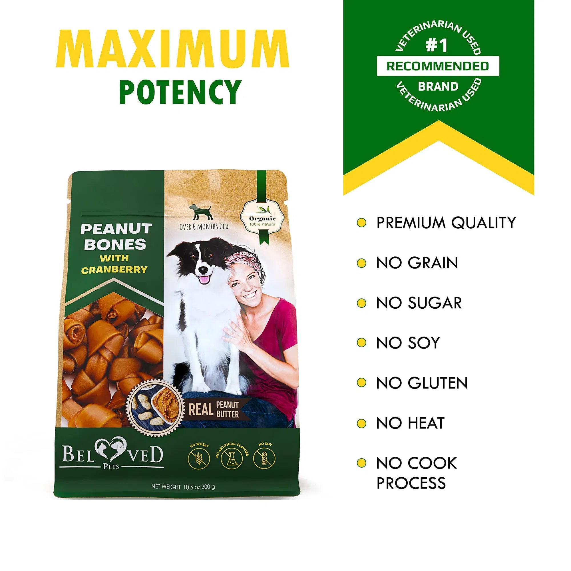 Peanut butter & cranberry dog bones chew bag with highlighted quality icons