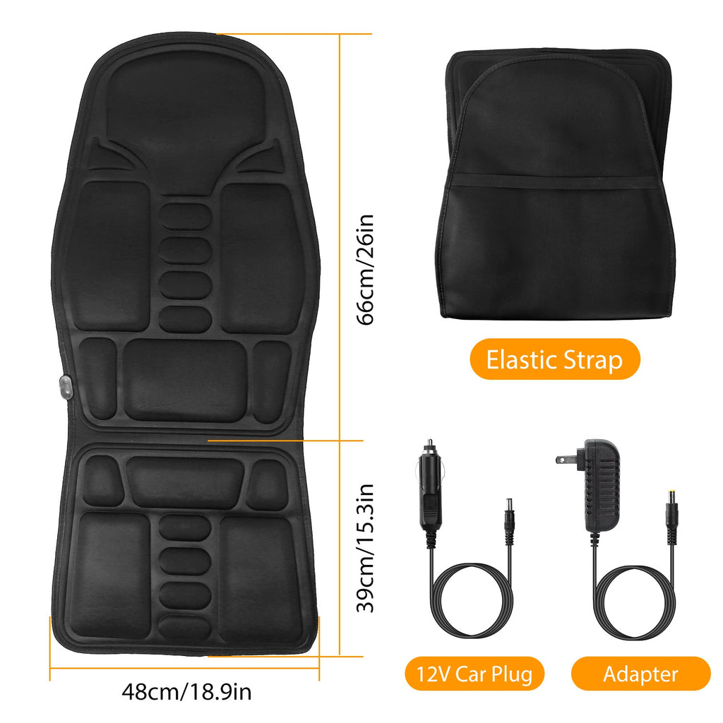 Black seat massage cushion with elastic straps and included power cables