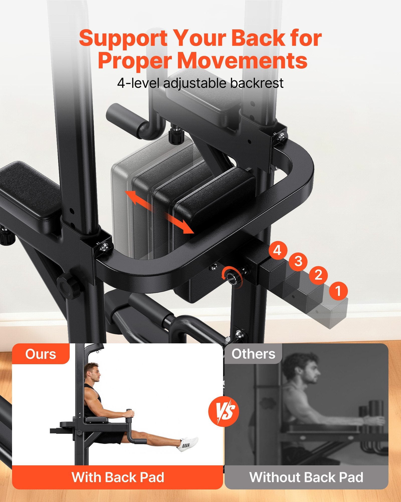 Power tower dip station with 4-level adjustable padded backrest and dip handles
