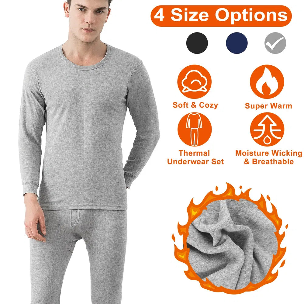 Grey men's thermal base layer set with long-sleeve crew top and fitted leggings