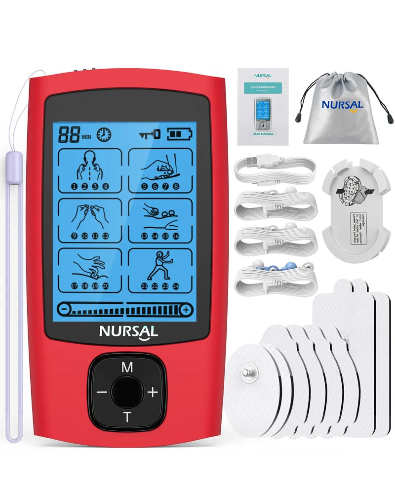 Red rechargeable TENS unit set with control device, pouch, cables, and multiple pads