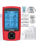 Red rechargeable TENS unit set with control device, pouch, cables, and multiple pads