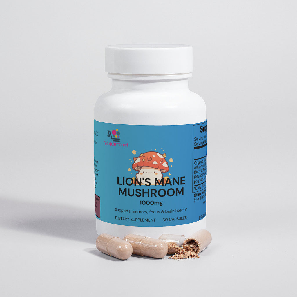 Lion's Mane Mushroom bottle front label with 1000mg and 60 vegan capsules, plus capsules below.