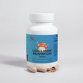 Lion's Mane Mushroom bottle front label with 1000mg and 60 vegan capsules, plus capsules below.