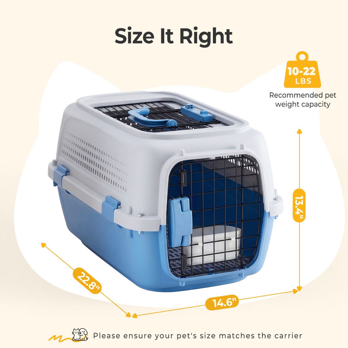 Hard-sided pet carrier with front wire door, side latches, and top ventilation, white and blue