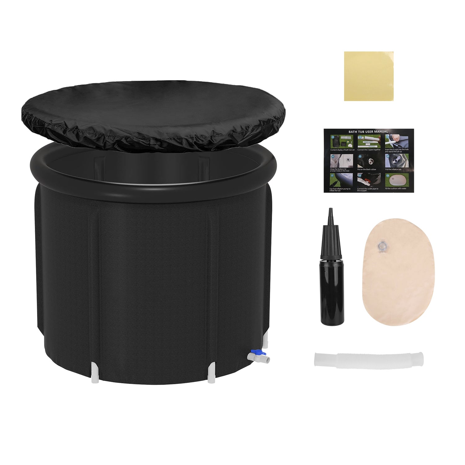 Black cold plunge tub with protective cover, repair patch, and air pump included