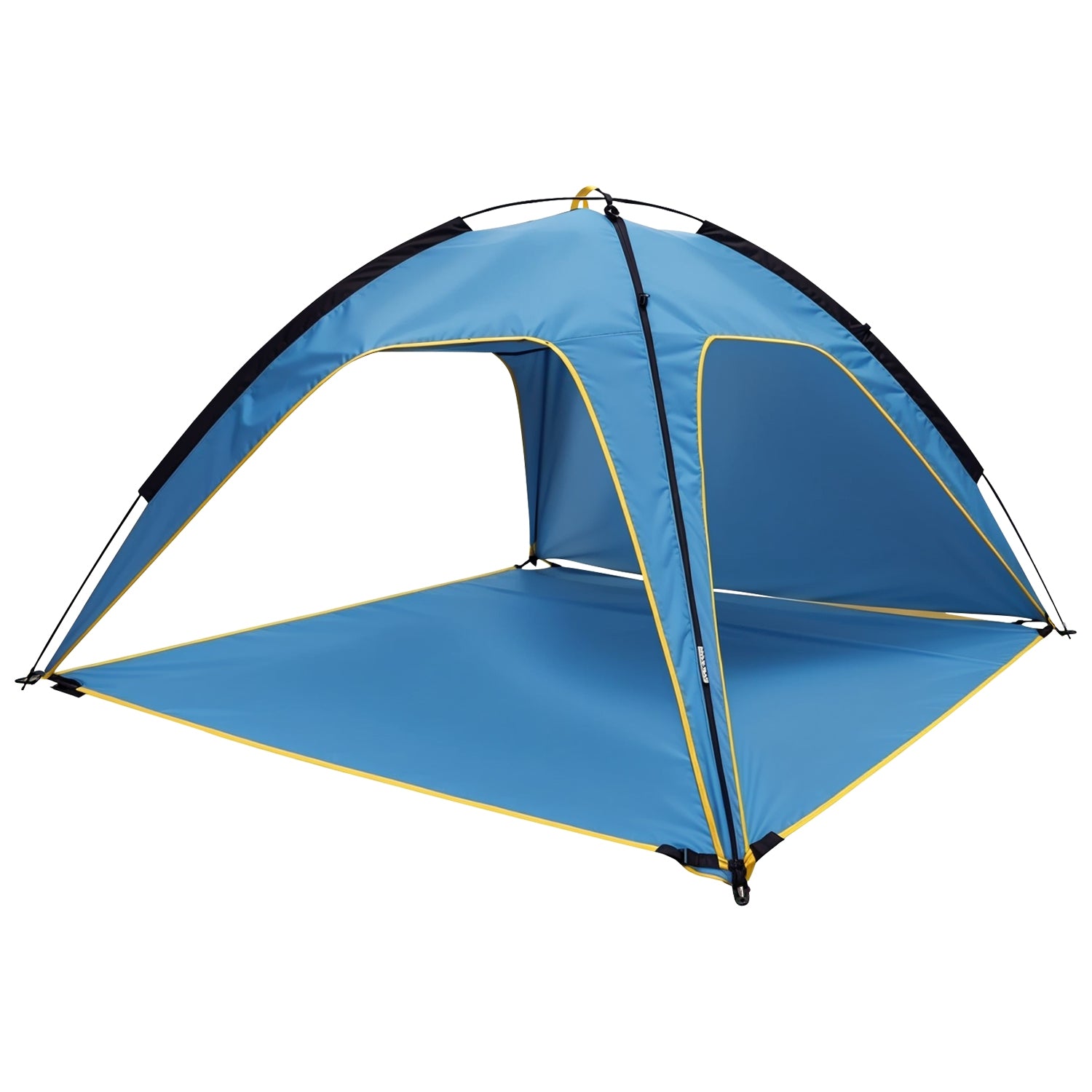 Blue beach tent canopy with three door openings and mesh side panels, dome-style.
