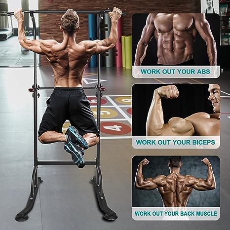 Black power tower dip stand and pull-up bar for upper-body workouts