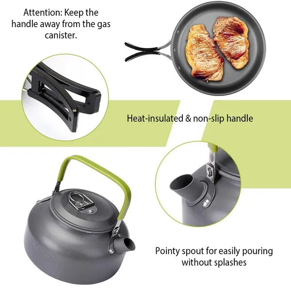 Grey camp kettle with heat-insulated non-slip handle and pointed spout for pouring
