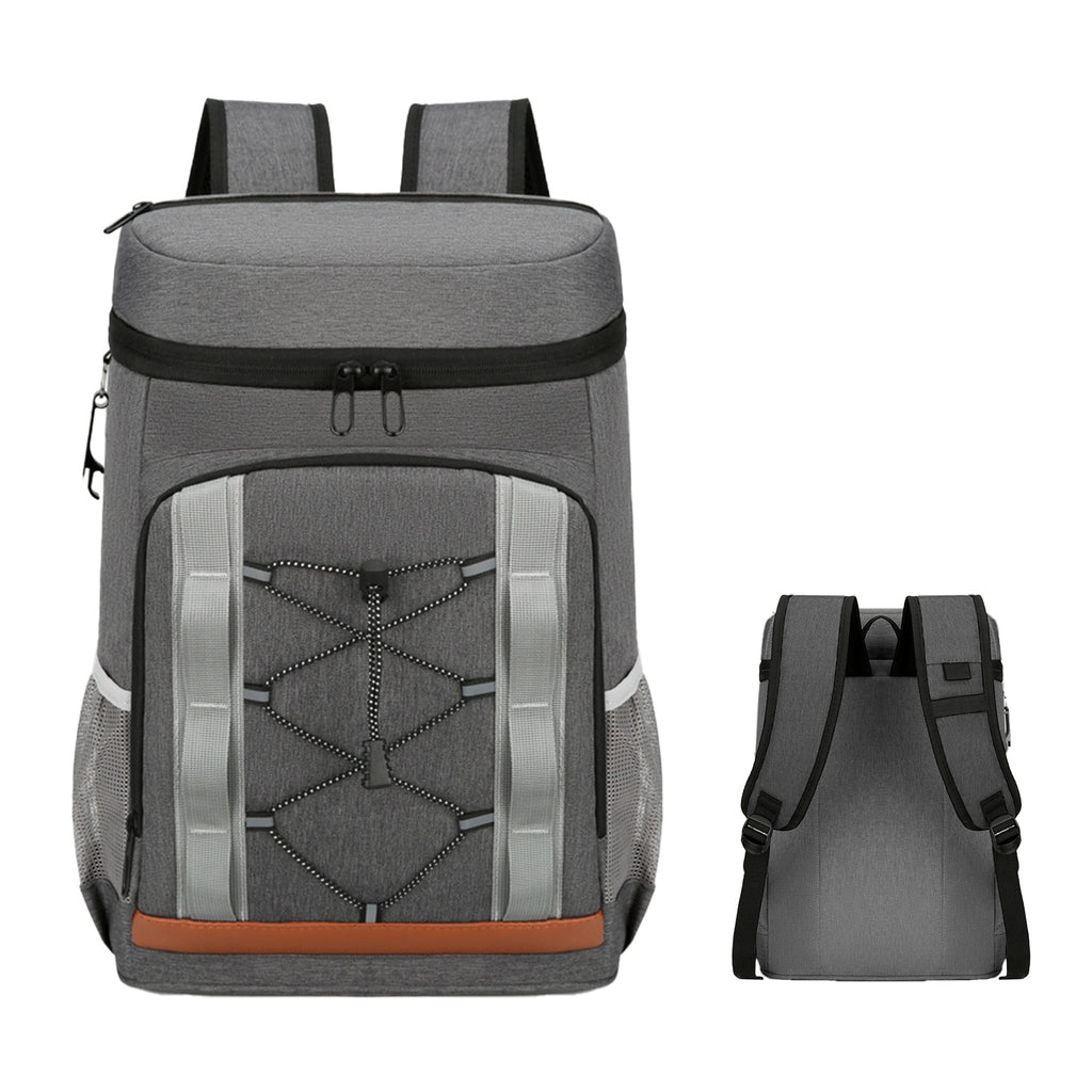 Grey 25L insulated cooler backpack front view with padded shoulder straps and front zipper pocket