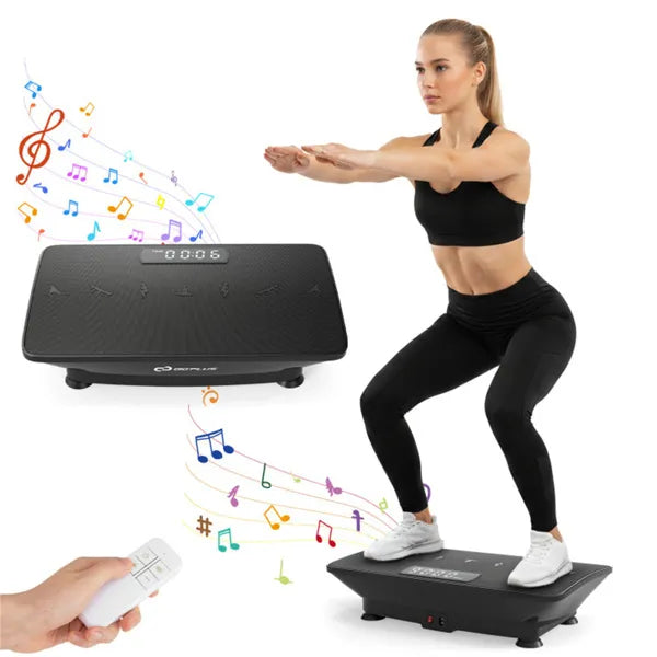 Black vibration plate with digital display, remote control, and four support feet